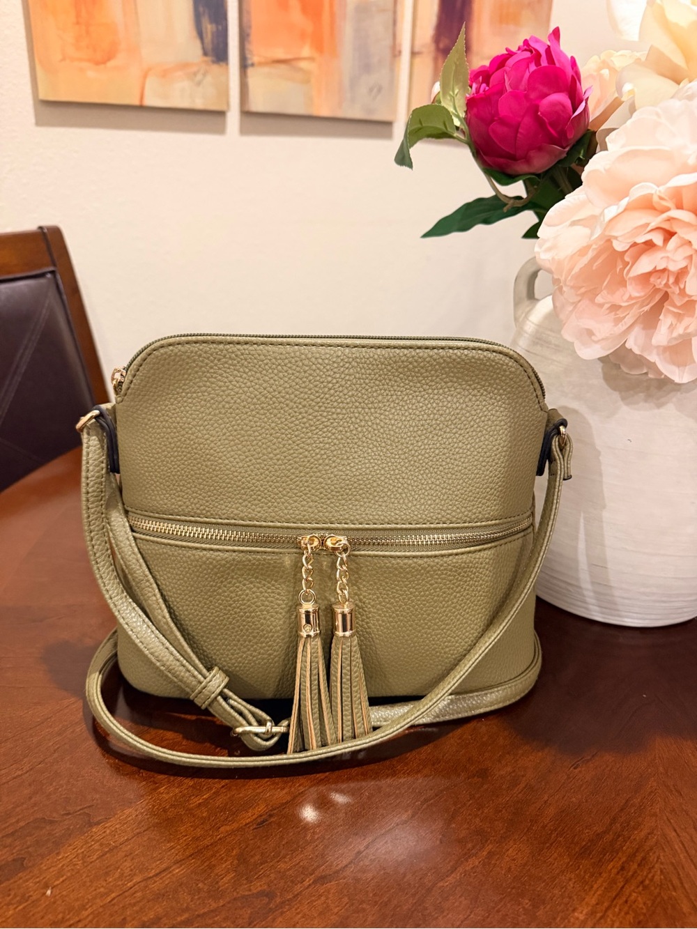 Olive Green Pebbled Leather Tassel Crossbody Bag for Women